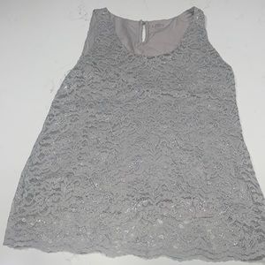 Ann Taylor Loft Tank Top light silver grey lined floral lace Silver sparkle XS